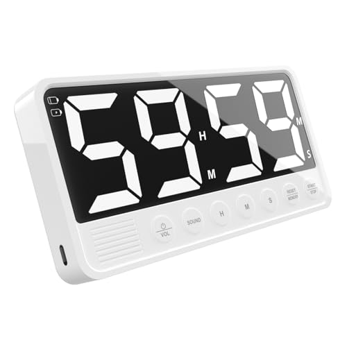 Extra-Large Display Digital Kitchen Timer with 7.4” LED Screen, 6 Alarms & 4 Volume Levels, 3 Memory Presets, Magnetic Stand Rechargeable Count Down/Up Timer for Cooking Home Gym, White