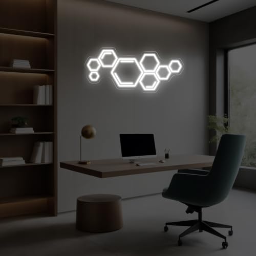 Hexagon Neon Sign, Cool White Geometric LED Light for Gaming Room | Varied hexagons form a connected pattern with a clean futuristic glow - color: Honeycomb