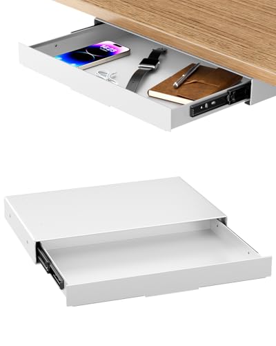 PUTORSEN Under Desk Storage Drawer 14.8" Wide - Smooth Slide Out Organizer for Standing Desk & Home Office, Max Load 17.6 lbs, Quiet Glide, White - color: White