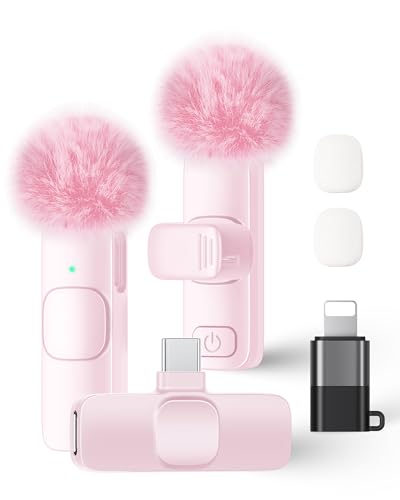 Wireless Lavalier Microphone for iPhone iPad and Android Phone, 2 Pack Lapel Mic Plug and Play Wireless Mic Noise Reduction Microphone for Video Recording Interview Podcast Vlog YouTube Tiktok (Pink) - color: Pink, size: Without Case