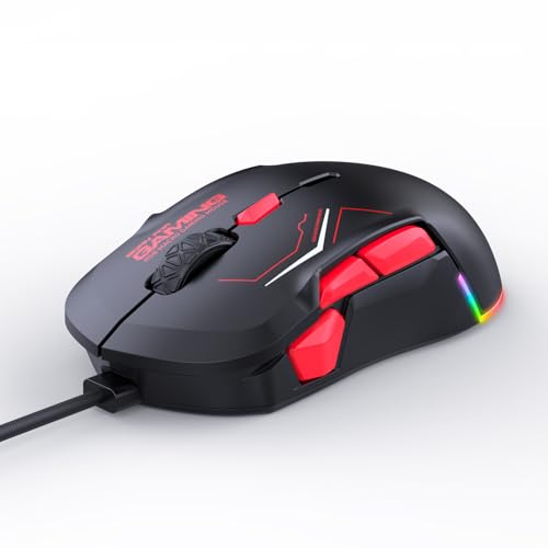 High-Performance Wired Gaming Mouse with Dynamic RGB Lighting, 12800 DPI Adjustable, Multi-Functional Mouse with 10 Customizable Macro Buttons (Black-Red) - color: Black-Red