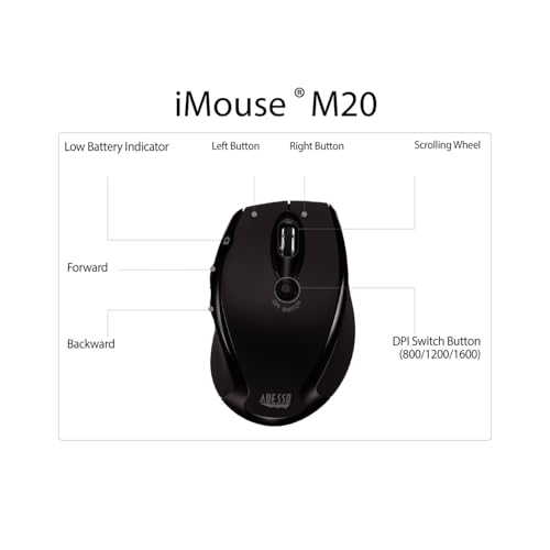 Adesso iMouse M20B - Wireless Ergonomic Optical Mouse, Black