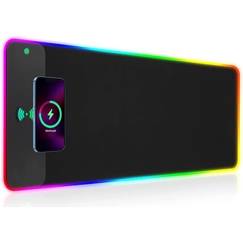 RGB Gaming Mouse Pad with Wireless Charging 15W, LED Mouse Mat 31.5 * 11.8 in, 10 Light Modes Extra Large Mousepad Non-Slip Rubber Base Computer Keyboard Mat for Gaming, MacBook, PC, Laptop, Desk - color: Black-D