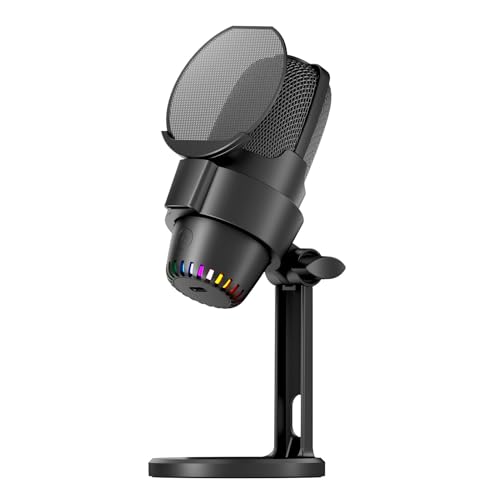 Dynamic USB RGB Microphone Computer Mic Kit with ENC Noise Cancellation Metal Stand One Key Plug and Play for Gaming Streaming Podcast Meeting Audio Recording (Black) - color: Black