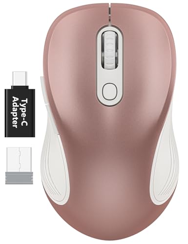 WisFox 2.4GHz Wireless Mouse for Laptop, Ergonomic 6-Button, Rose Gold | 2.4GHz Wireless, 3 DPI Levels, Type-C Adapter, Plug & Play, Quiet, Wireless Mice for Windows Mac PC Computer Mouse - color: Rose Gold