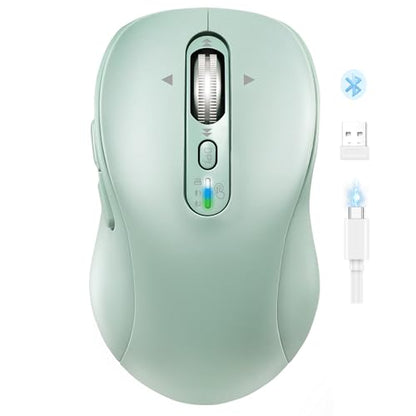 INFINMIND Wireless Bluetooth Mouse for Laptop,USB+BT×2,Quiet Ergo Computer Mouses,Metal 4-Way Super Scrolling,± 3200 DPI,Rechargeable,9 Buttons,Multi Device Cordless Mice for iPad,Tablet,Mac,PC(Green)