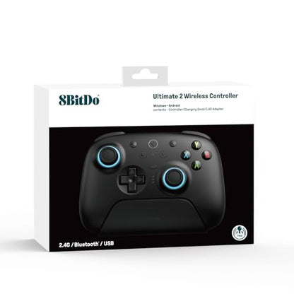 8Bitdo Ultimate 2 Wireless Controller for PC, Apple, Steam & Android, Black | TMR Joysticks, Hall/Tactile Triggers, 8Speed 2.4G, 1000Hz Polling Rate, Motion Control, RGB Fire Ring, Charging Dock - color: Black