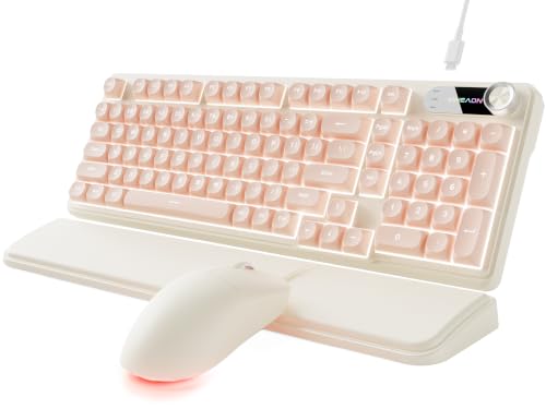 EWEADN Wired Keyboard and Mouse Combo with Detachable Wrist Rest, Quiet Ergonomic Keyboard Mouse Set with Multimedia Knob, RGB Backlit, Double-Shot Keycaps Natural Typing for Laptop, PC - Peach - color: Peach