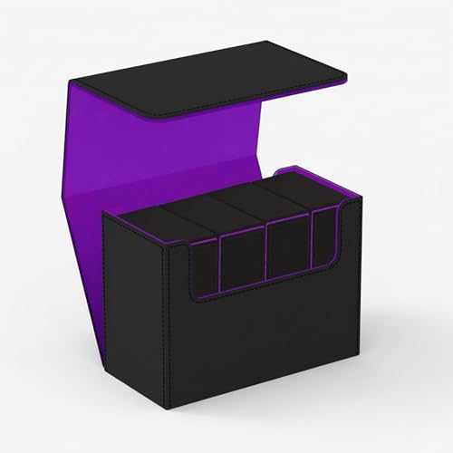 Tarot Card Storage Box – PU Leather Deck Organizer with Purple Interior & Magnetic Closure – Holds 4 Tarot Card Cases or 400+ Tarot Cards – Black Exterior – 10.5×14.5×23.5 cm /4.1×5.7×9.3in