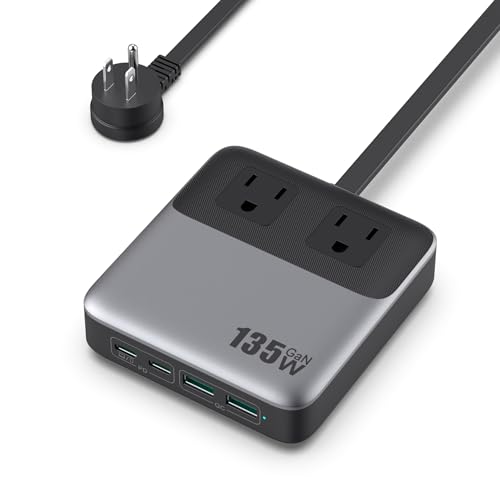 USB C Charger Block,135W GaN Fast Charging Station Hub,6-in-1 USB C Power Strip with 5ft Cord,2 AC & 2 USB A & C,PD 65W Laptop Charger for MacBook Air/Pro,iPhone16/15,Galaxy S24 etc - color: Black