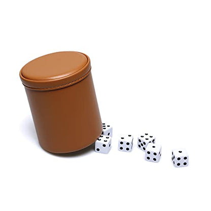 Leatherette Dice Cup Set, Camel Leather and Beige Velvet Interior Professional Dice Cup with 6 Black Dot Dice for Liars Dice Farkle Yahtzee Board Games, 1 Pack - color: Camel