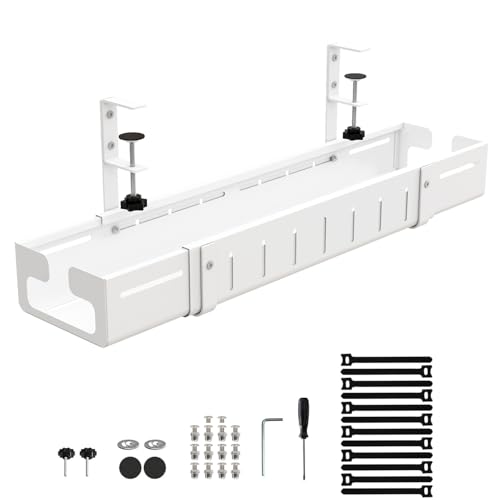 Under Desk Cable Management Tray, Expandable Length 25.2"-38.6",No Drill No Damage to Desk,Cable Tray with Clamp for with Wire Management,for Cord Organizer for Home Office Standing Desk, White