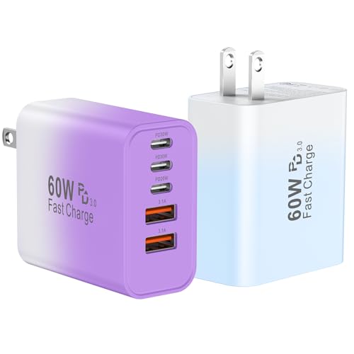 USB C Fast Wall Charger Block, 2Pack 60W USBC Charging Cubes, 5-Port PD+QC Power Adapter Multiport Brick Type C Box Plug for Phone 16/15/14/13/12/11/Pro Max/Plus, Pad Mini/Pro/S25/S24 - color: Gradient Purple+Blue