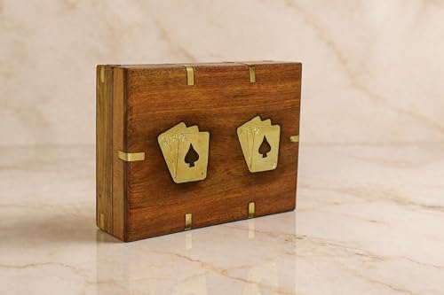 Playing Cards Holder, Handmade Wooden Card Storage Box with Brass Inlay Design, Anniversary Birthday Gifts "Made in India" (Design 2) - color: Design 2