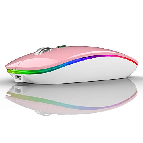 TENMOS Wireless Bluetooth Mouse, LED Silent Rechargeable Mouse-Pink | Tri-Mode BT5.1/5.0+2.4GHz,USB C Charging, Quiet Click, Nano Receiver,Type C Adapter, Portable, Slim, for Laptop/Macbook/iPad - color: Pink