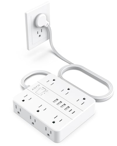 18-in-1 Power Strip - 12 AC Outlets + 6 USB Ports (2 USB-C), 5FT Flat Plug Extension Cord with Multiple Outlets, Mountable Desktop Charging Station for Home Office & Dorm, White - color: White, size: 5FT