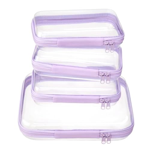 4 pcs Clear Zipper Pouches,Hard Shell Zipper Case, Toiletry Bag for Travel | CLear Diaper Bag, Toiletry Pouch, Travel Organizer, Cosmetic Bag,Toy Storage Bins (M+3S) (Lavender) - color: Lavender, size: M+3S