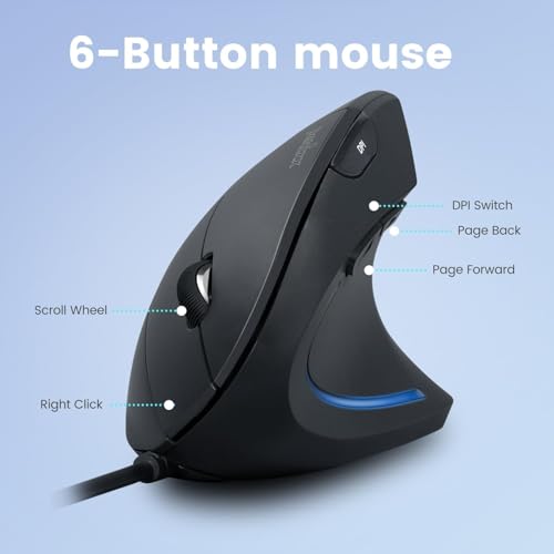 Perixx PERIMICE-513C Wired Vertical USB-C Mouse, 6 Buttons, Adjustable 1000/1600 DPI, Right-Handed, 5.9ft Cable, Black - style: USB Type-C