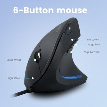 Perixx PERIMICE-513C Wired Vertical USB-C Mouse, 6 Buttons, Adjustable 1000/1600 DPI, Right-Handed, 5.9ft Cable, Black - style: USB Type-C