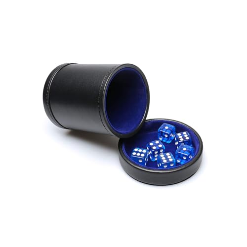 PU Leather Dice Cup with Lid, Blue Velvet Interior Quiet Dice Shaker Cup Including 6 BlueTranslucent Dice for Liars/Farkle/Yahtzee Games, 1 Pack - color: Dark Blue