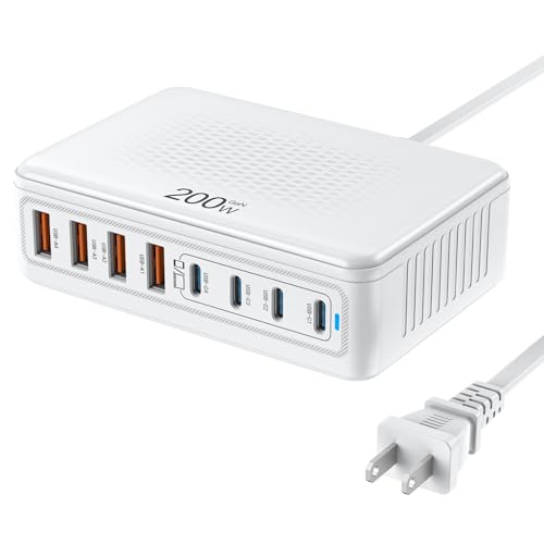 USB C Charger Block 200W, GaN USB Charging Station Hub 8-Port, PD 65W Laptop Fast Charger Power Adapter Compatible with MacBook Pro/Air,Dell,iPad,iPhone 16/15,S23/S24 Steam Deck etc