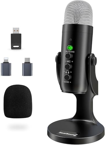 ZealSound Wireless Microphone for PC iPhone iPad & Android, Cordless USB Mic with Noise Cancellation, Mute, Gain, Echo & Zero-Latency Monitoring for Podcasting Streaming Gaming YouTube TikTok Video - color: Black+Silver