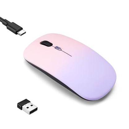 Wireless Bluetooth Mouse,LED Dual Mode Rechargeable Silent Slim Laptop Mouse,Portable(BT5.2+USB Receiver) Dual Mode Computer Mice,for Laptop,Desktop Computer,ipad Tablet,Phone,TV (Pinkish purple) - color: Gradient Pinkish purple