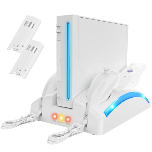 KEKUCULL Game Organizer Station for Wii Remote Charger, Charging Dock Station for Controller with 2 Pcs Rechargeable Battery for Wii Console Nunchuk Game Accessories Kit Storage - color: White