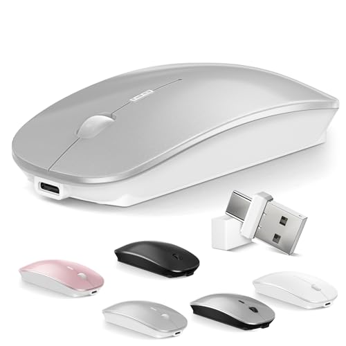 Mouse for MacBook Wireless Bluetooth Mice Laptop Mac Pro PC iPad Dual Mode | Wireless Bluetooth Rechargeable Silent Slim Optical Computer Mouse Bluetooth 5.2/3.0 and 2.4GHz USB Type-C Receiver Silvery - color: 4.Bluetooth Wireless Mouse (Silver)