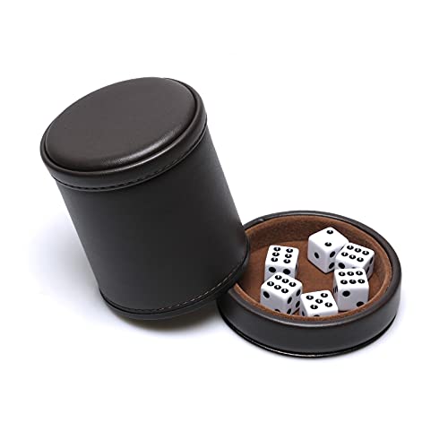 PU Leather Dice Cup with Lid, Dark Chocolate Leatherette and Dark Brown Felt-Lined Quiet Dice Shaker Cup, Including 6 Black Dot Dice for Liars Dice/ Farkle/ Yahtzee Games, 1 Pack - color: Chocolate