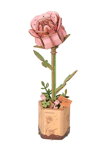 rowood Artifical Flower,Wood Flower Building Toy Set,Mother's Day/Valentine's Day/Teacher's Day/Thanksgiving Day/Christmas/Birthday Gift for Mom/Women/Grandma/Wife/Her-Pink Rose, TW041 - style: Pink Rose