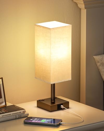aooshine Brown Touch Table Lamp - Bedside Lamp with USB A + Type C Charging Ports and Two AC Outlets, Small Night Stand with E26 LED Bulb, Desk Light for Bedroom Living Room Office Dorm - color: Beige & Brown, size: 14.0in