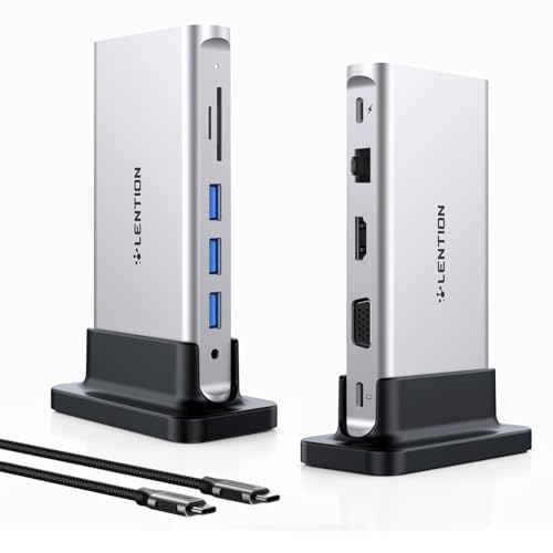 LENTION Docking Staion Dual Monitor 4K HDMI & 1080P VGA, Ethernet, USB 3.0 | 3.3ft Detachable Cable, 100W PD, Card Readers, 3.5mm Audio, Vertical Design, Compatible with macOS, Windows & ChromeOS (D55) - color: Silver