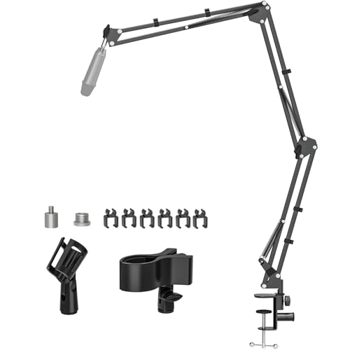 Microphone Boom Arm, Professional Desk Mic Stand with 1/4", 3/8", 5/8" Adapters, Heavy-Duty Clamp, Wide Compatibility for Yeti, AT2020, Podcasting, Streaming & Recording