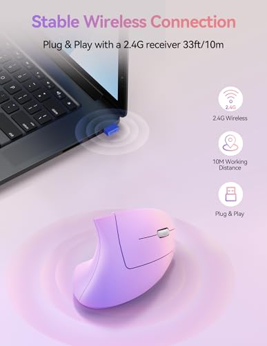 TECKNET Wireless Ergonomic Mouse, Rechargeable Wireless Vertical Mouse | Rechargeable, 2.4GHz USB Receiver, Silent Click, 6 Adjustable DPI up to 4800, 6 Buttons for Laptop, PC, Pink and Purple - color: Pink and Purple