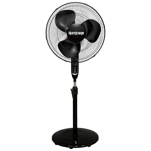 Hurricane Supreme Oscillating Pedestal Stand Fan with 3 Quiet Speeds, Black, 16" - Corded Electric Air Cooling Unit with Remote Control & Adjustable Height for Home, Apartment, Workshop or Office