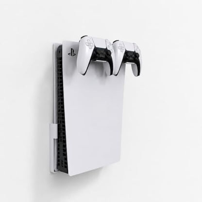 PS5 Wall Mount, White Heavy Duty 2.5mm Steel Console Bracket Compatible with PS5, Space-Saving Holder with 2 Controller Mounts
