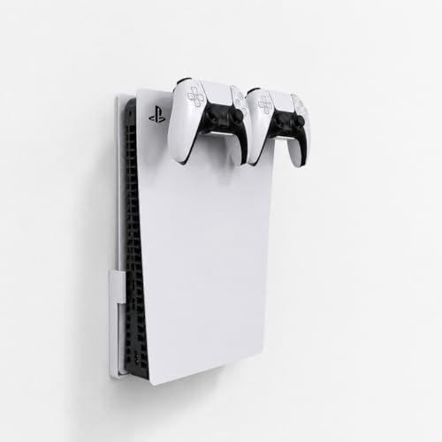 PS5 Wall Mount, White Heavy Duty 2.5mm Steel Console Bracket Compatible with PS5, Space-Saving Holder with 2 Controller Mounts