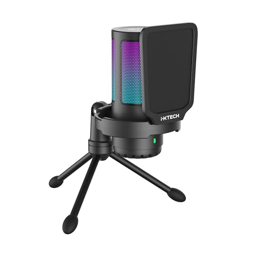 IXTECH USB Gaming Microphone for PC, RGB Condenser Microphone with Tripod Stand, Pop Filter, Rotate Gain Button, and Quick Mute, Noise Cancellation Computer Mic for Streaming, Gaming, Podcasting - color: IX-MIC03 Black, style: Pc Mic