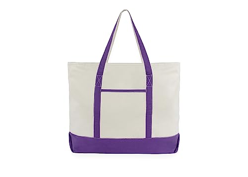 Extra Large Zippered Tote Bag - Heavy Duty Purple Canvas Tote Bag for Picnic, Beach or Shopping - Sturdy, Premium Quality, Washable, Foldable and Double Stitched Cotton Canvas Tote (Purple) - color: Purple