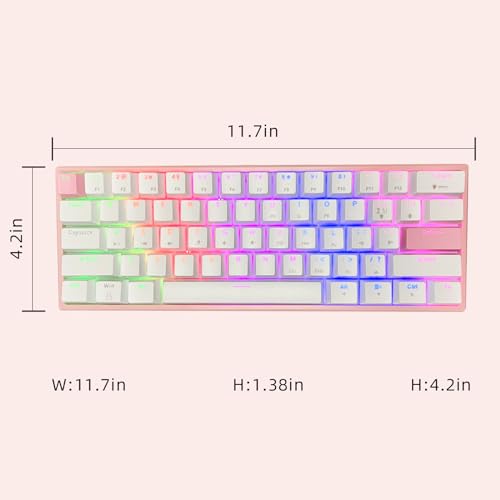 ONE-UP Portable 60% Mechanical Gaming Keyboard LED Backlit Compact 61 Keys Mini Wired Office Keyboard with Blue Switch PBT Keycaps for Windows Laptop PC Mac.（White/Pink） - color: Pink/White