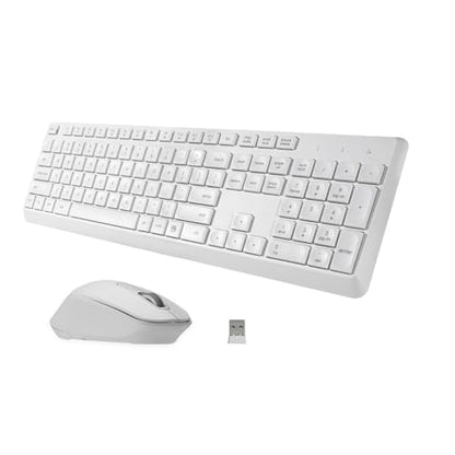 HUO JI Silent Wireless Keyboard and Mouse Combo, Quiet and Soft,Thin, White | 2.4G Full-Size Ergonomic Wireless Computer Keyboard Mouse for Windows, Laptop/PC/PS/Mac Desktop