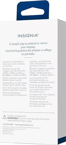 INSIGNIA Universal Video & Audio Cables and Adapters – HDMI, DisplayPort, USB-C, Mini HDMI, Mini DisplayPort & RCA Converter, 4K/8K High-Speed Options for TV (DisplayPort Cable, 6 ft) - size: 6 ft, style: DisplayPort Cable