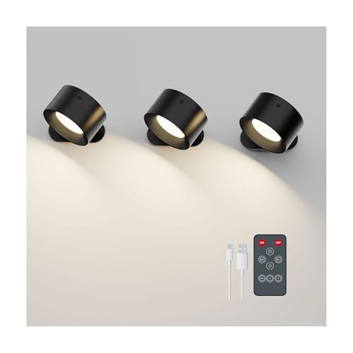 Koopala 3PACK Rechargeable LED Wall Sconce, Cordless Battery with Remote Powered Wall Sconce, 3 Brightness Levels, 360° Swivel Magnetic Shade for Bedrooms, Hallways, Den and Reading Spaces（Black） - color: Black-C