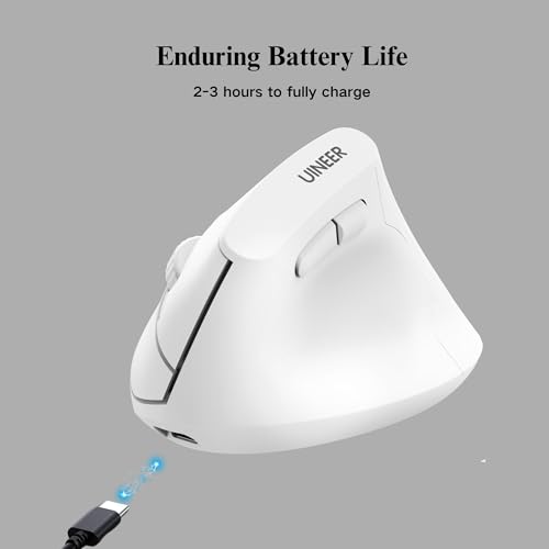 Uineer Vertical Ergonomic Mouse, Wireless Bluetooth Mouse, 3-Device,Quiet | Switch among 3 devices; side scroll wheel supports horizontal navigation for documents and spreadsheets. - color: White