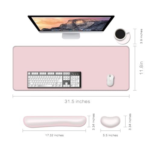 Desk Mat, Large Gaming Mouse Pad with Wrist Rest, 4 in1 XXL Mouse pad+Keyboard Wrist Rest+Mouse Pad Wrist Support+Cup Coaster Set, Ergonomic Desk Pad for Home Office, Pink - color: Pink