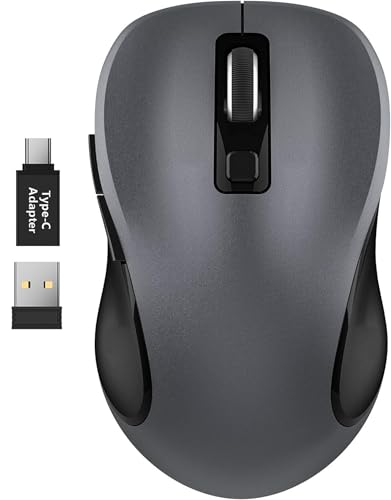 WisFox 2.4G Wireless Mouse for Laptop, Ergonomic Computer Mouse with USB Receiver and Type-C Adapter, 3 Adjustable Levels, 6 Button Cordless Mice for Windows Mac PC Notebook (Grey and Black) | 2.4GHz Wireless, 3 DPI Levels, Type-C Adapter, Plug & Play, Qu