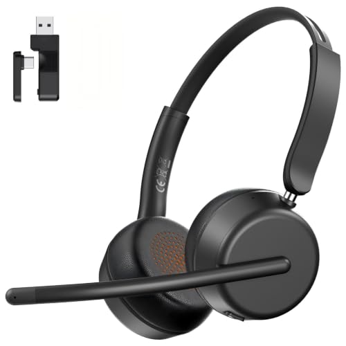 AOC Wireless Headset with Mic for Work, Bluetooth 5.4 Headphones-Dark Black | AI Noise-Canceling Mic for Clear Calls, Computer Headset with Mic Mute & USB A/C Dongle for PC, Computer, Laptop - color: Dark Black