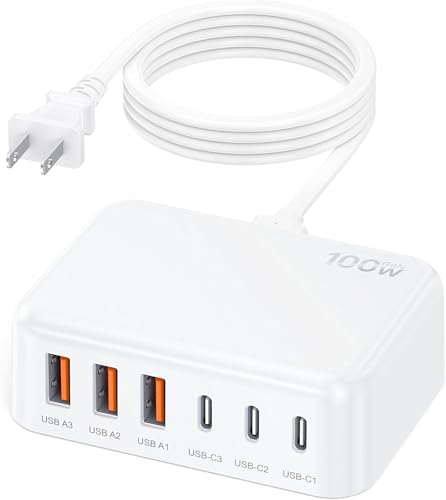 6 in 1 USB Charger, 50% Smaller Charging Station for Multiple Devices, 100W Fast Charging Blocks with Type C Ports, USB Charging Hub Organizer Multiport Power Strip for iPhone, Ipad, Kindle, Travel - color: A-White