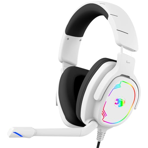 Jimonyer Gaming Headset with Microphone, 7.1 Surround Sound and Noise Canceling Over Ear Headphones for PC, PS4, PS5,Xbox Series,Switch, RGB Light and Soft Imitation Protein Earmuffs (White) - color: White